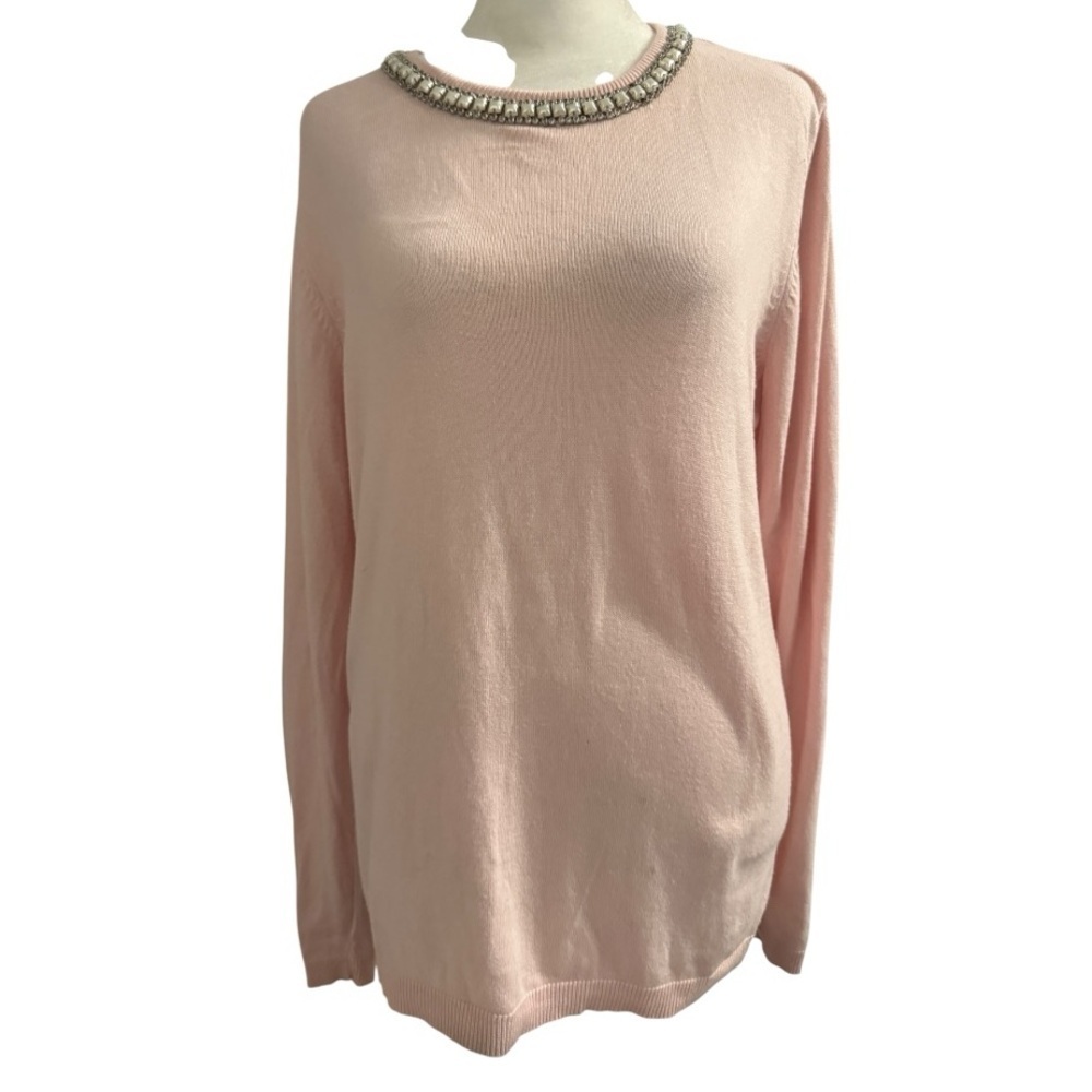 Elle Pink Embellished Neckline Sweater Pearls Rhinestone Office Night Out Large